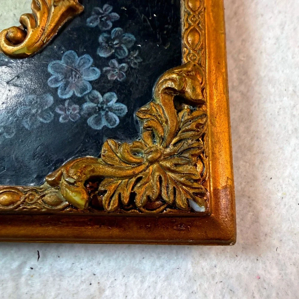 Vintage Ornate Gold Navy Floral Picture Frame Hollywood Regency French Decor